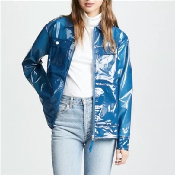 Rains Jackets & Blazers - Rains Unisex Glossy Faded Blue LTD Boxy Rain Jacket Size S/M